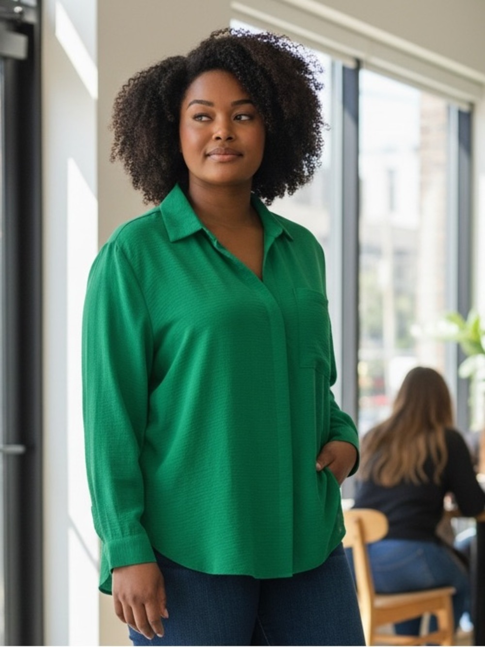 NWT Relaxed Green Button-Down Shirt with Chest Pocket - Women L